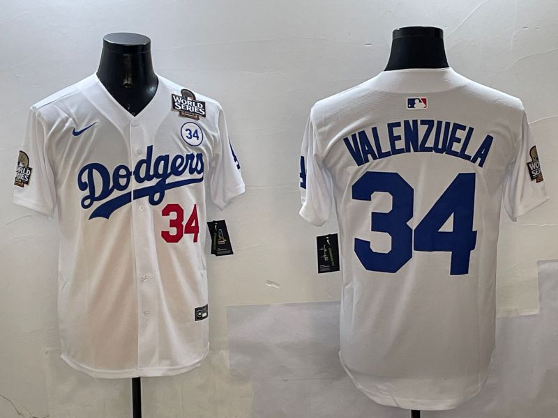Men Los Angeles Dodgers 34 Valenzuela White Blue Fashion Game 2025 Nike MLB Jersey style 3261